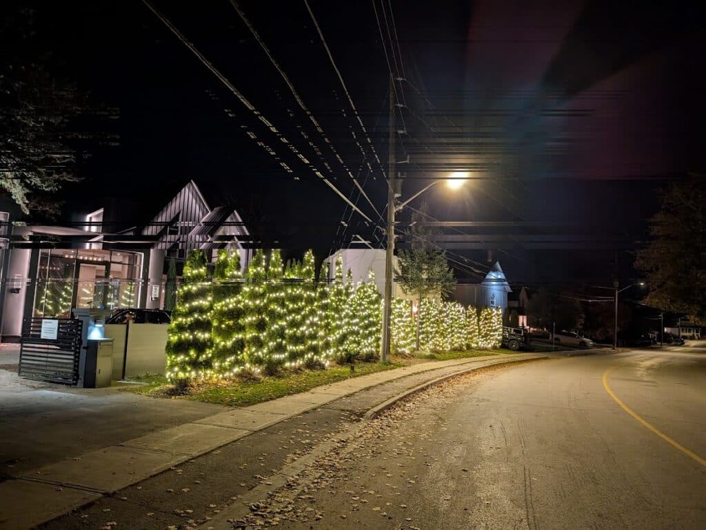 Streetscape Hedging — Commercial Frontage — permanent LED lighting by Celebrate Lighting in Woodstock, Ontario