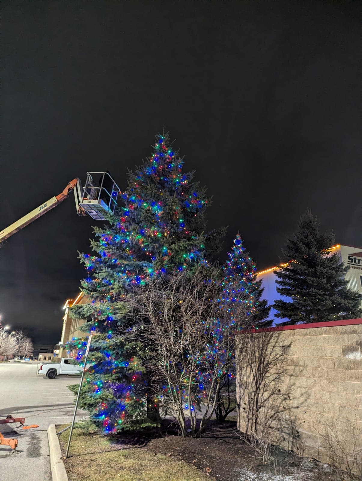 Aerial lift and crew truck installing Christmas lights on large evergreens at a commercial site at night